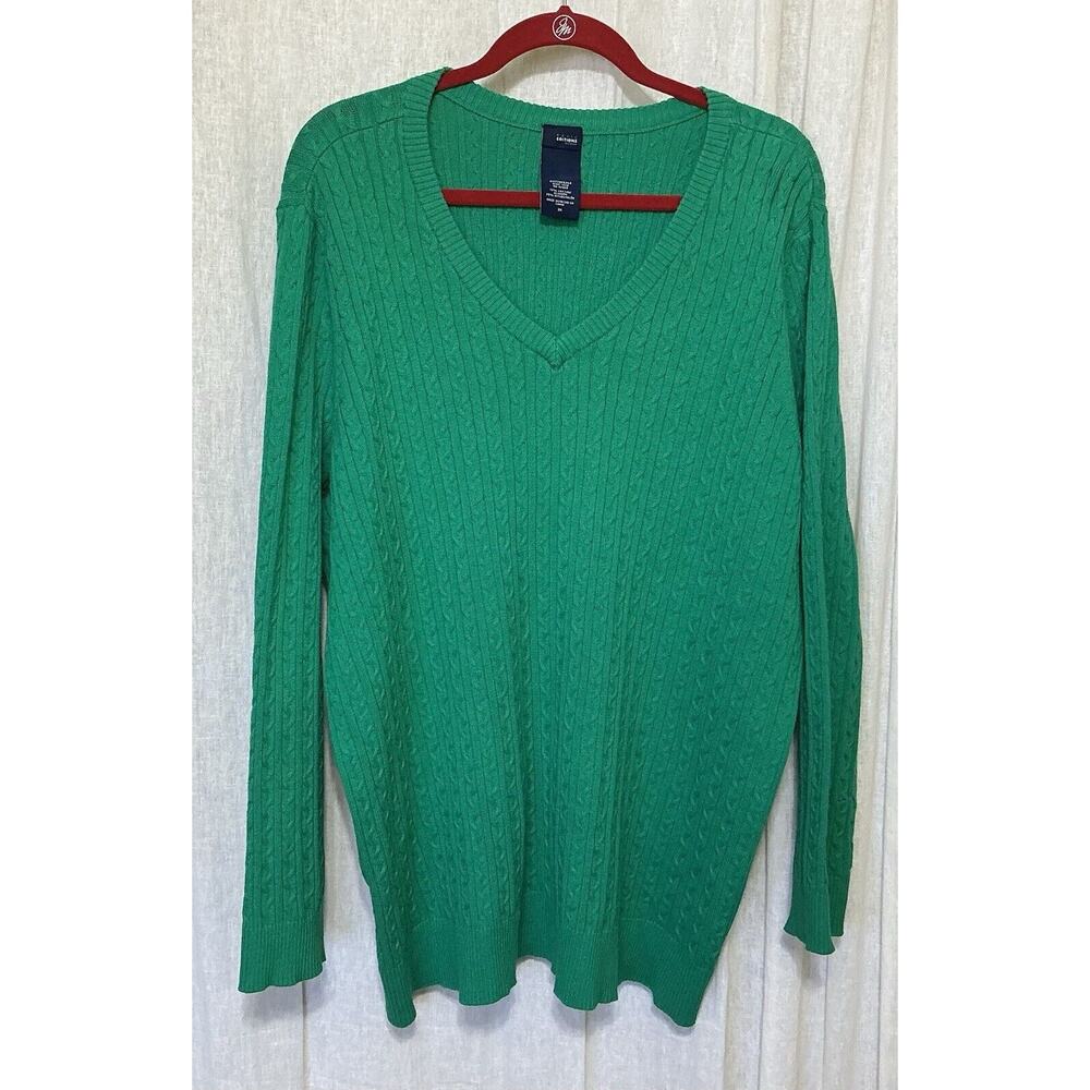 Basic Editions Green V‎ Neck Long Sleeve Cable Knit Sweater Size 3X